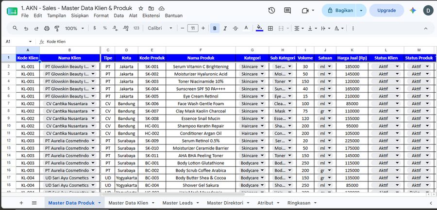 Google Sheets Master Data Klien dan Produk