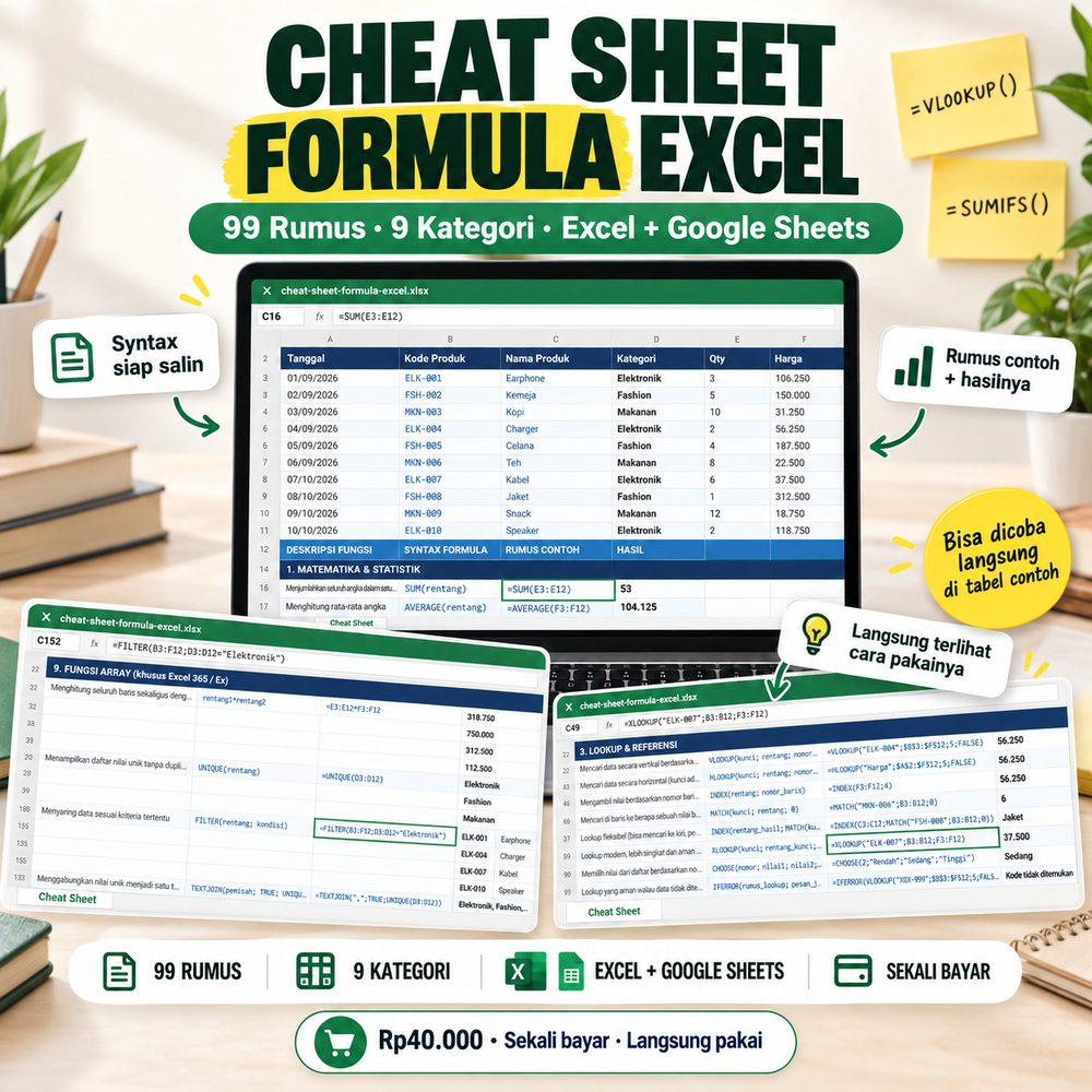 Cheat Sheet Formula Excel: 99 rumus, 9 kategori, Excel dan Google Sheets, dengan contoh tabel dan hasil rumus
