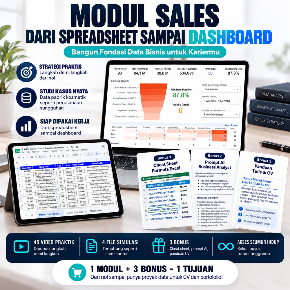 Modul Sales: dari spreadsheet sampai dashboard. 45 video praktik, 4 file simulasi, 3 bonus, akses seumur hidup