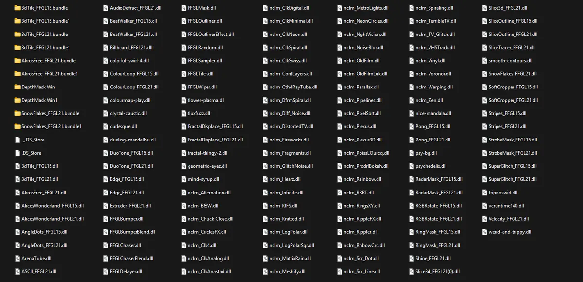 Screenshot daftar plugin FFGL dan DLL pada plugin premium bundle