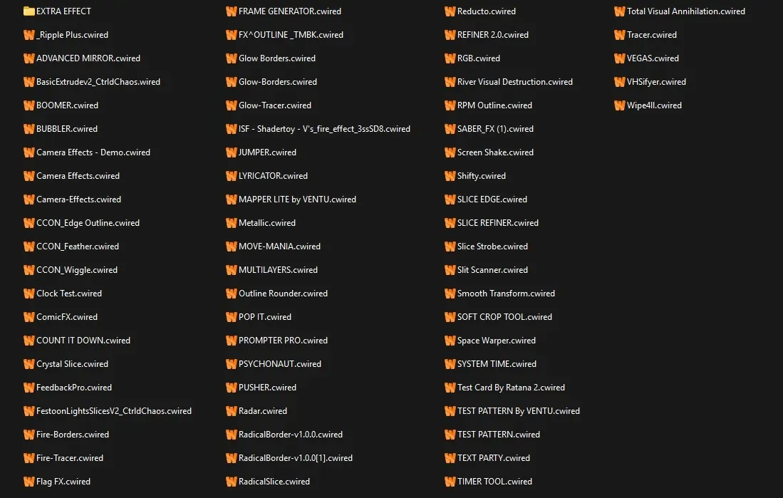 Screenshot daftar effect wired dan extra effect pada plugin premium bundle