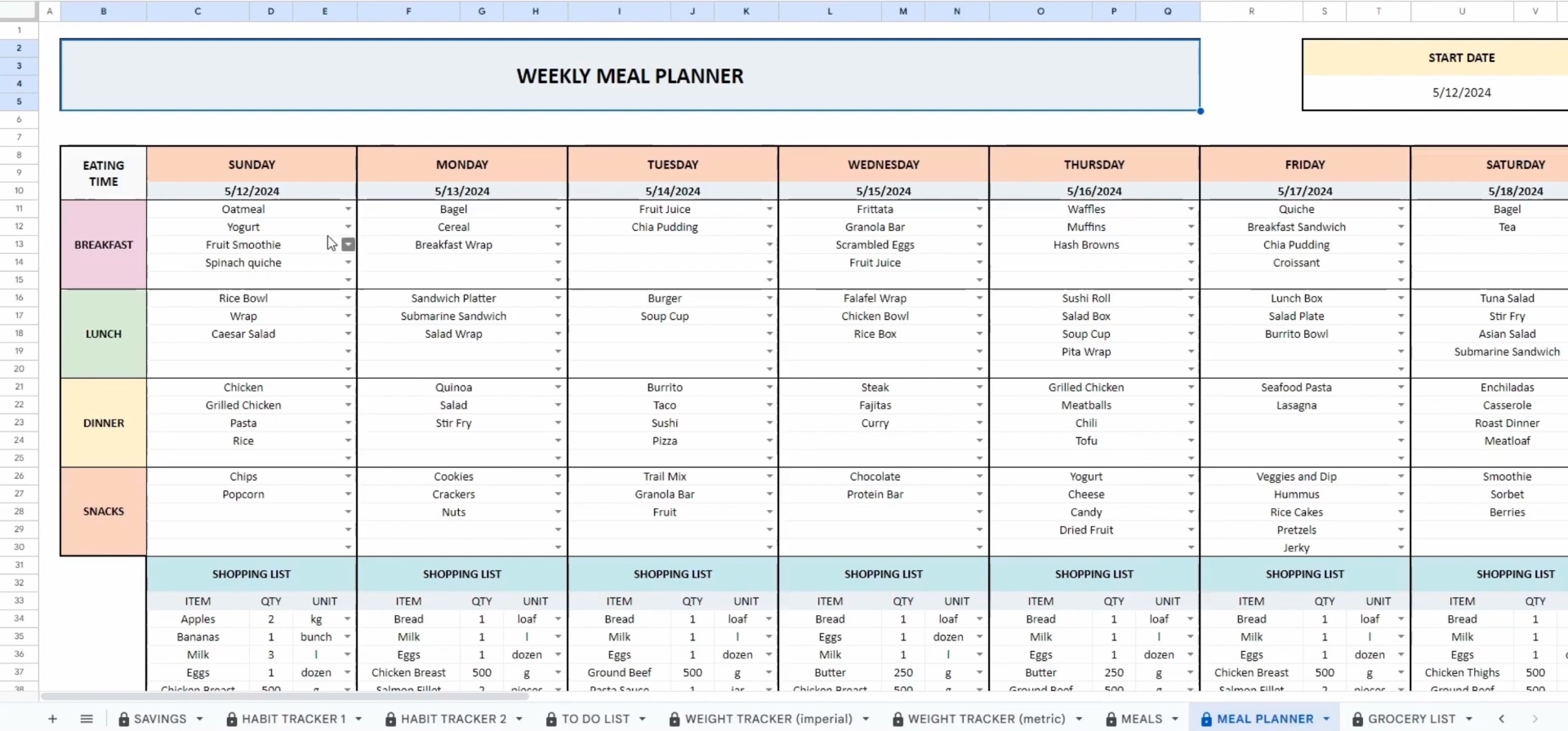 Meal Planner Excel