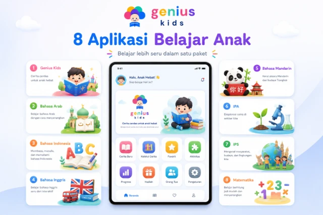Genius Kids — 8 aplikasi belajar anak dalam mockup tablet