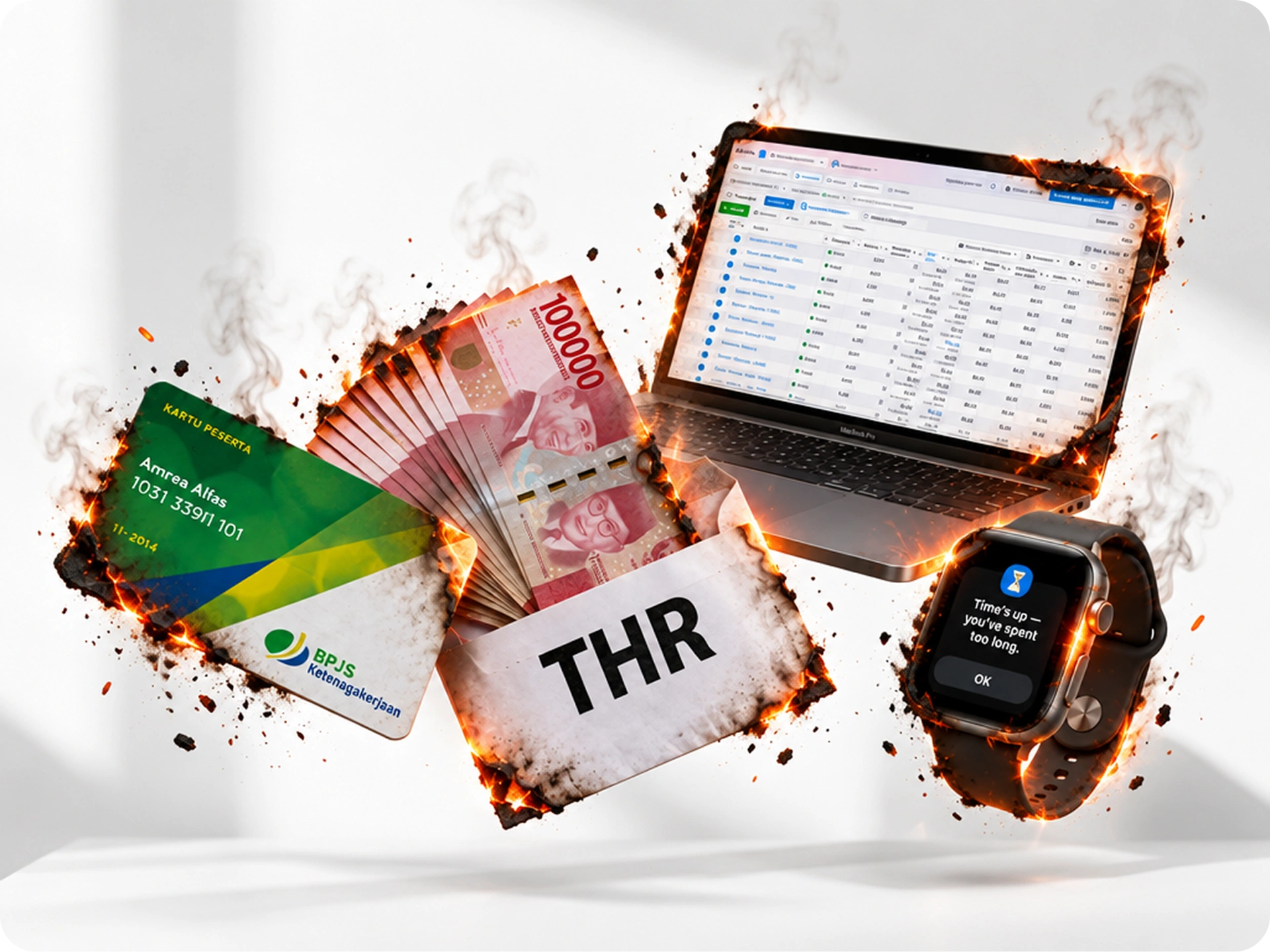 Ilustrasi laptop iklan, uang, BPJS, THR, dan jam tangan terbakar