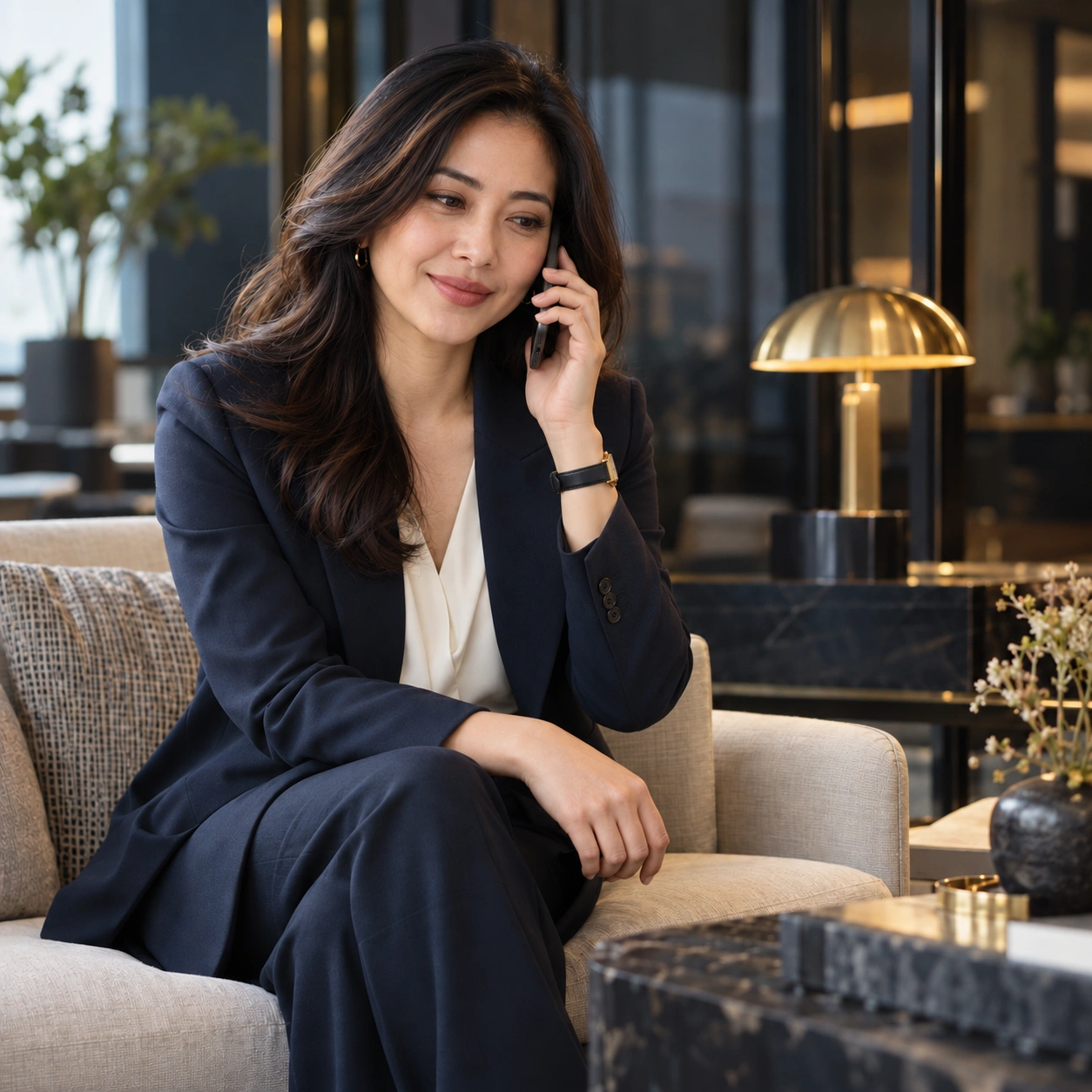 Ilustrasi wanita profesional menerima telepon di ruang Client Relations