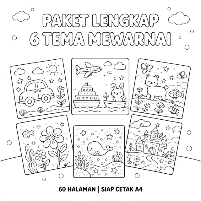 Koleksi Lengkap — 6 Tema Mewarnai Siap Cetak | Aisyah Shop 🌸