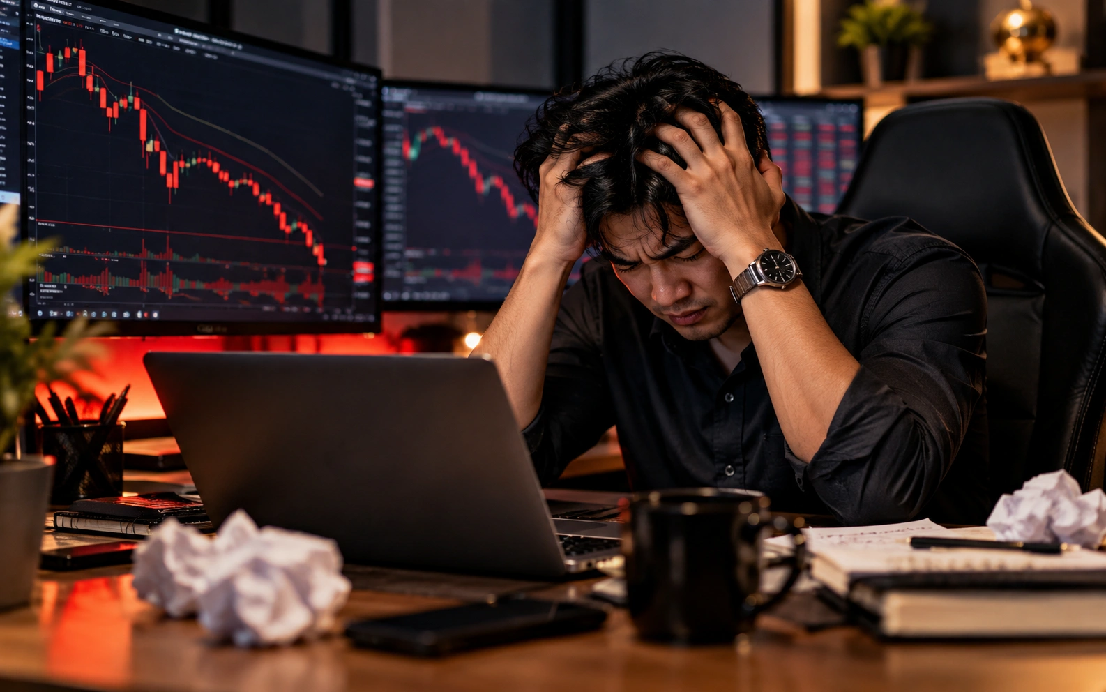 Ilustrasi trader stres menatap chart
