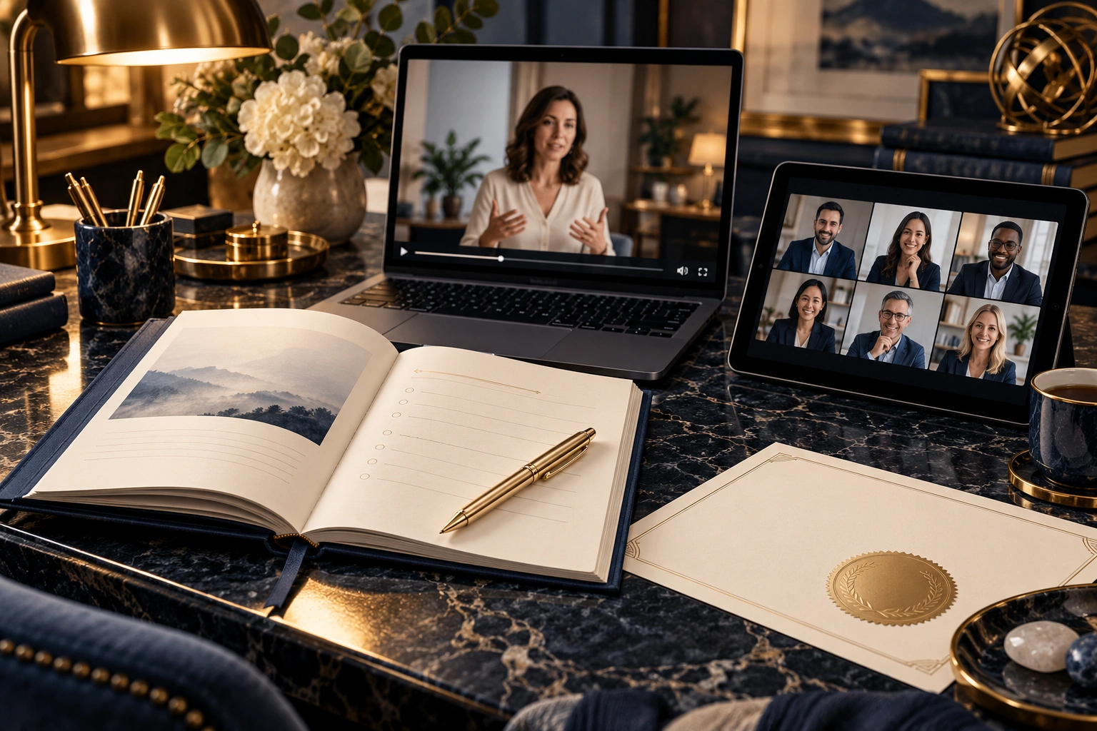 Ilustrasi premium workbook, sesi online, coaching group, dan sertifikat