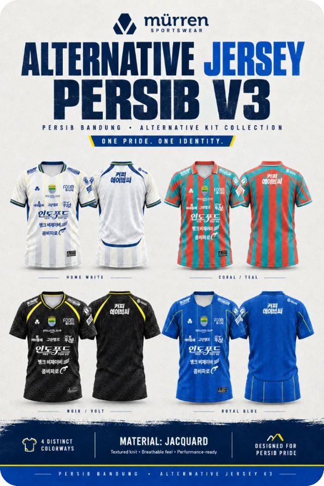 Jersey Alternatif Persib V3 empat warna: White, Black, Red Teal, Blue